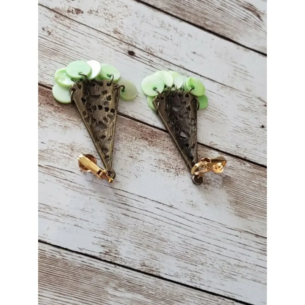 Vintage Clip On Earrings Ornate Triangular Shape Dangle with Green Circles
